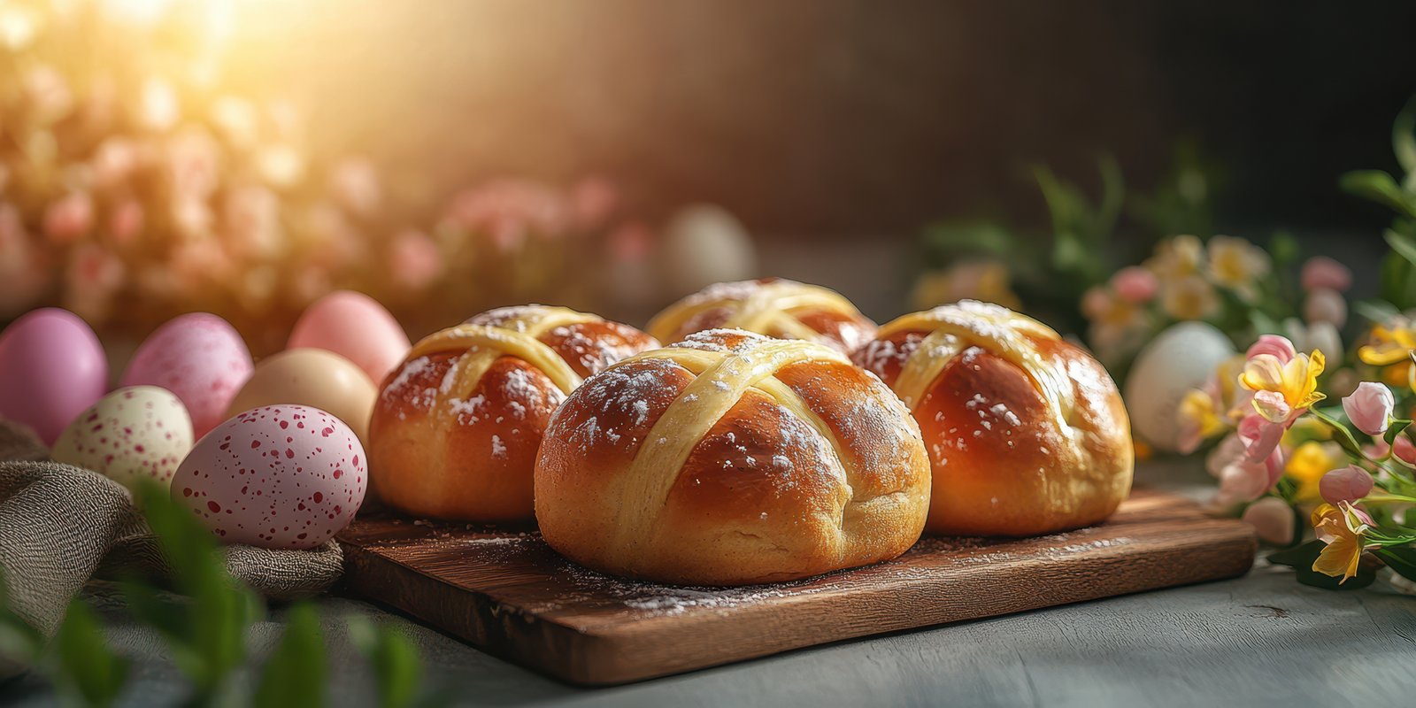 Delicious hot cross buns decorated with flowers and Easter eggs on a wooden board in soft light